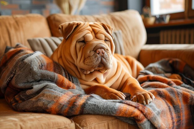 Foto perro shar pei relajado descansando en un acogedor sofá con una cálida manta de cuadros en un ambiente hogareño