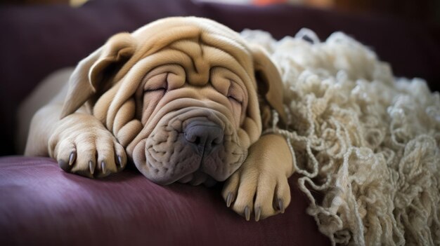 Foto el perro sharpei chino duerme pacíficamente en un sofá de peluche y acogedor