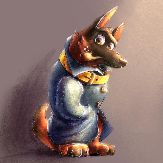 Perro Sherlock con un abrigo azul y un collar amarillo con una pipa Ilustración de dibujos animados para niños