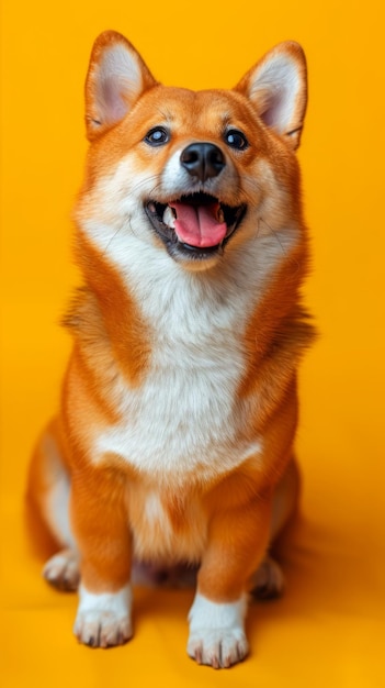 Un perro Shiba Inu feliz sentado en un fondo amarillo