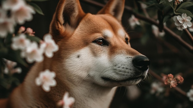 Un perro shiba inu frente a un árbol con flores.