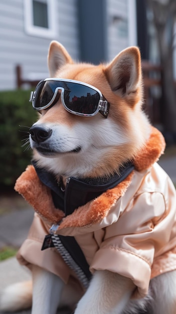 Un perro shiba inu con gafas y una chaqueta