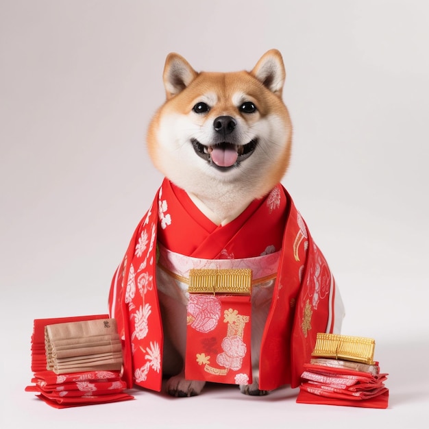 Un perro shiba inu con un kimono con una etiqueta dorada.