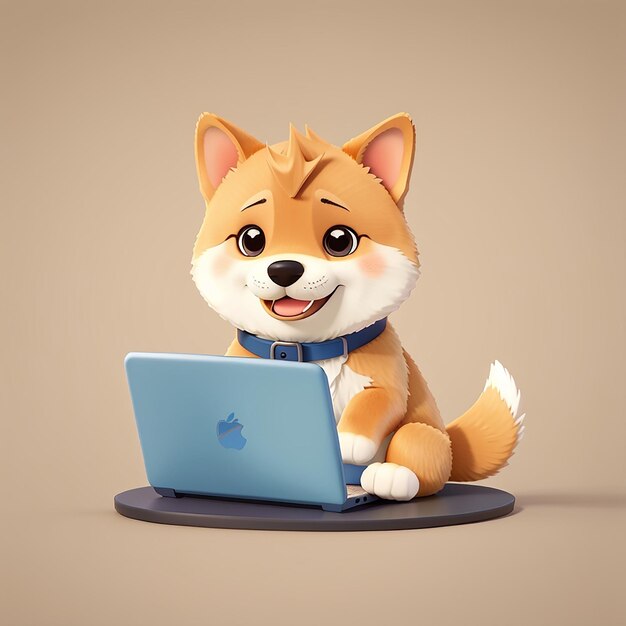 Perro Shiba Inu lindo con portátil icono vectorial de dibujos animados Ilustración icono de tecnología animal Concepto aislado estilo de dibujo animado plano vectorial premium