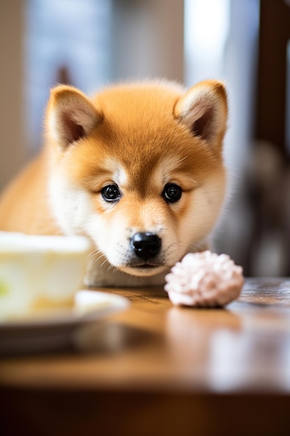 El perro Shiba inu mirando el glaseado en la mesa