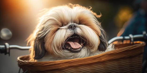 El perro Shih Tzu se divierte en bicicleta el día del sol por la mañana en verano en la calle de la ciudad