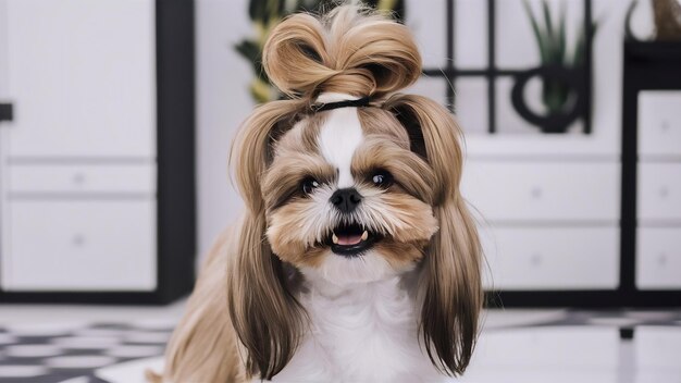 El perro Shih Tzu con el pan de pelo