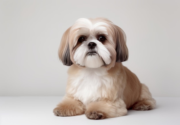 Perro shih tzu sentado en una mesa blanca