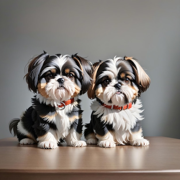 Perro Shih Tzu sentado en una mesa de madera contra una pared gris generada por IA