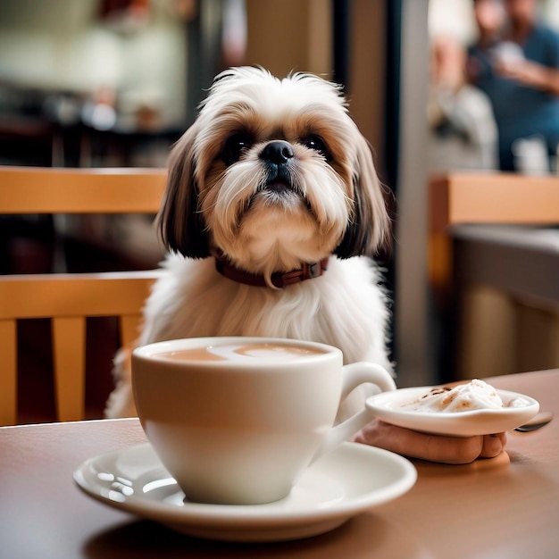 Foto perro shihtzu blanco y beige sosteniendo una taza de café sentado tomando el desayuno