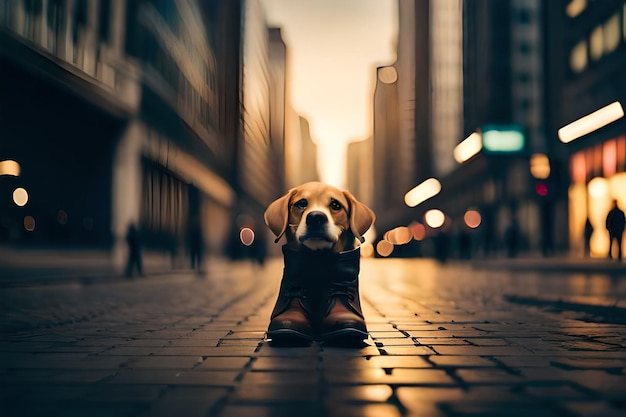 un perro se sienta en una acera de la ciudad.