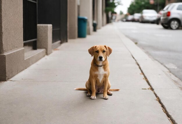 un perro se sienta en la acera frente a un edificio