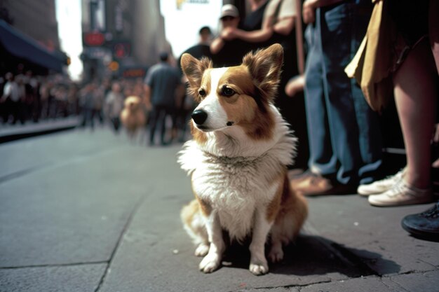 Un perro se sienta en la acera frente a una multitud de personas.