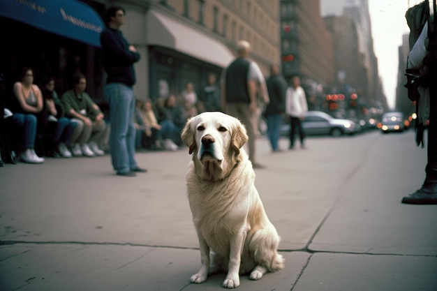 Un perro se sienta en la acera.