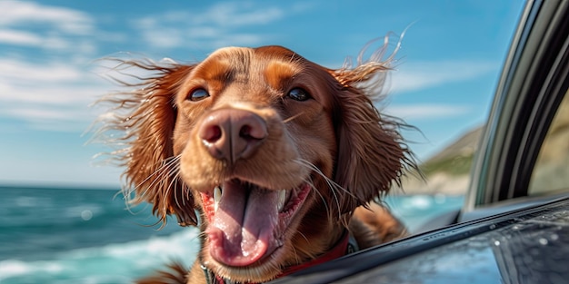 El perro se sienta al costado del auto de la ventana durante la velocidad del auto en un estilo lúdico y divertido