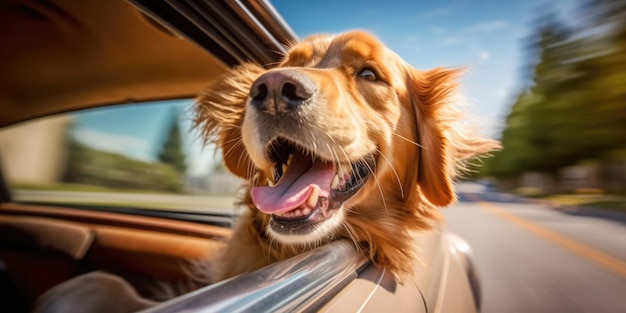 El perro se sienta al costado del auto de la ventana durante la velocidad del auto en un estilo lúdico y divertido