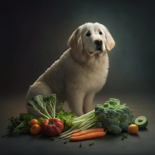 Un perro se sienta al lado de un montón de verduras.