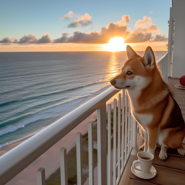 Un perro se sienta en un balcón con vista al océano y el sol se está poniendo.