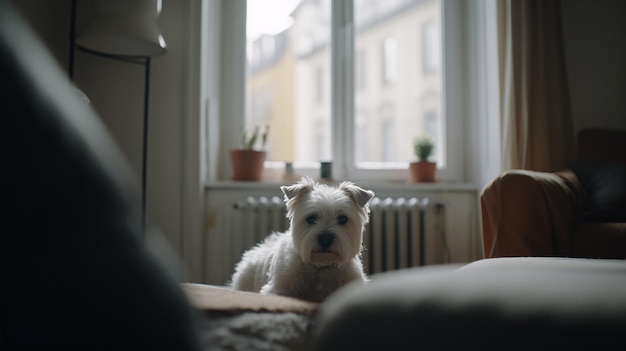 Un perro se sienta en una cama frente a una ventana con una planta en el alféizar de la ventana.