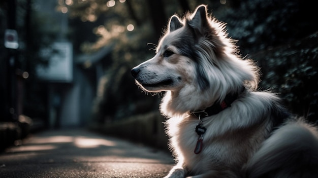 Un perro se sienta en un camino en la oscuridad.