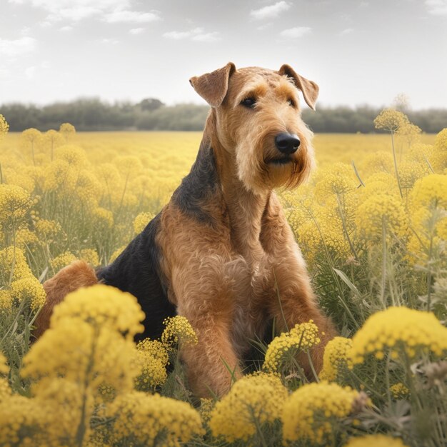 Un perro se sienta en un campo de flores amarillas con un cielo nublado al fondo.