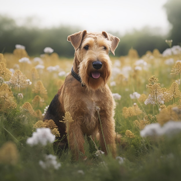 Un perro se sienta en un campo de flores con un collar negro.