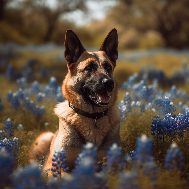 Un perro se sienta en un campo de flores con un collar negro.