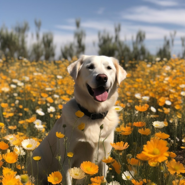 Un perro se sienta en un campo de flores con la palabra laboratorio.