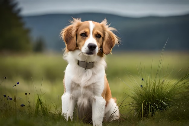 Un perro se sienta en un campo con montañas al fondo.