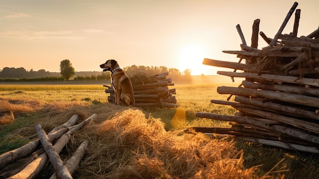 Un perro se sienta en un campo con una valla al fondo.