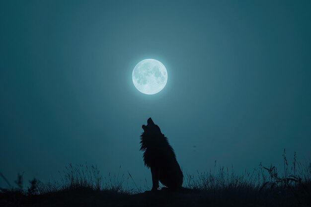 Foto un perro se sienta en una colina y mira hacia arriba a la luna en el cielo la silueta de un hombre lobo aullando bajo una luna nebulosa ai generada