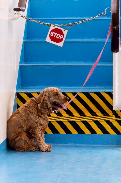 El perro se sienta en el fondo de la parada de la señal.