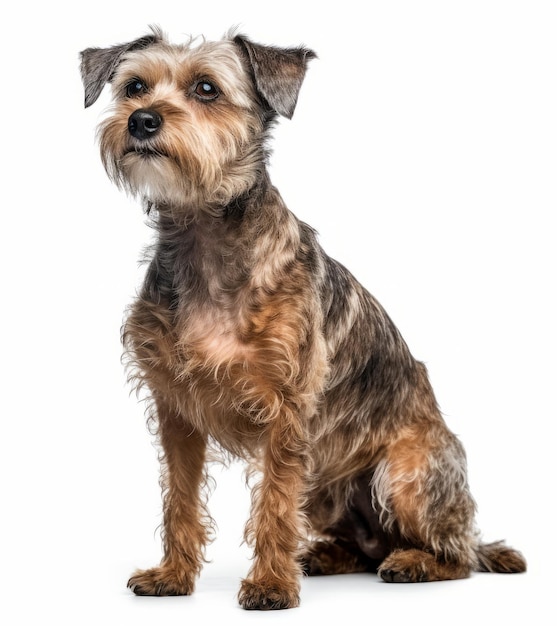 Un perro se sienta frente a un fondo blanco.