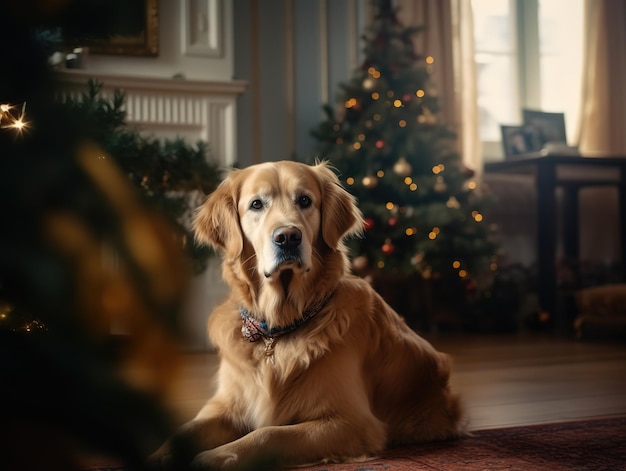 Foto el perro se sienta en una habitación decorada para navidad