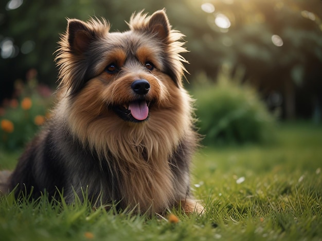 un perro se sienta en la hierba con el sol detrás de él