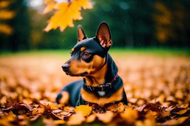 Un perro se sienta entre las hojas de otoño en un parque.