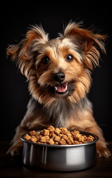 Un perro se sienta junto a un plato de cacahuetes.