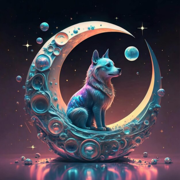 un perro se sienta en una luna con la luna en el fondo