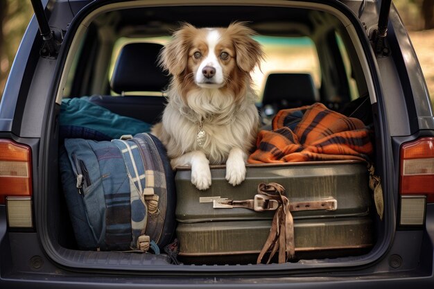 El perro se sienta en el maletero del coche de seguridad Canine resort Generate Ai