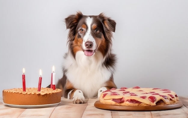 Un perro se sienta en una mesa con dos pasteles y uno tiene una vela.