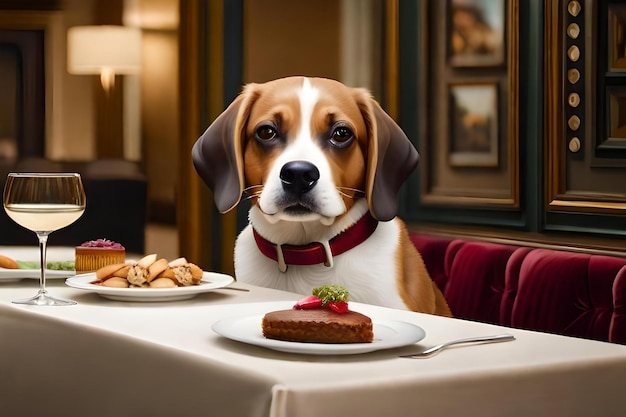 Un perro se sienta en una mesa con un plato de comida y un plato De comida.