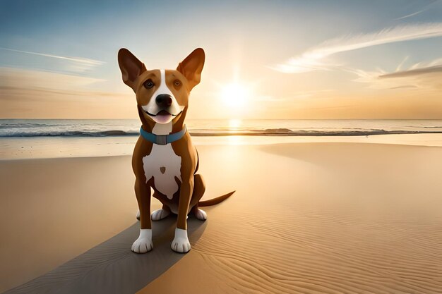 un perro se sienta en una playa y mira la puesta de sol.