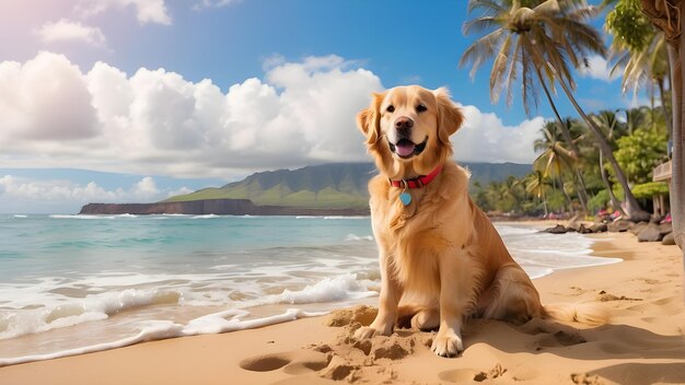 un perro se sienta en una playa con una palmera en el fondo