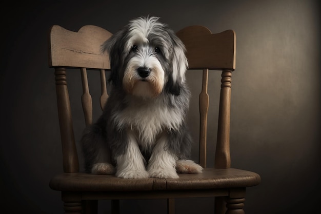 Un perro se sienta en una silla en un cuarto oscuro.