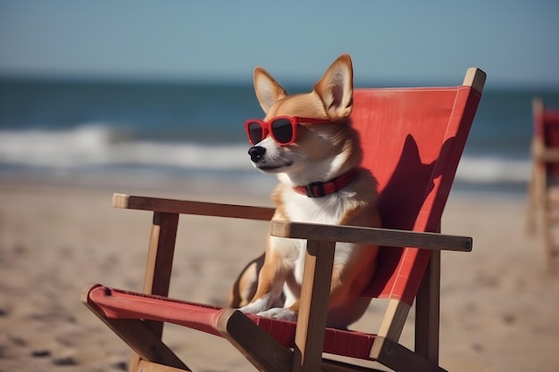 Perro en una silla con gafas de sol rojas