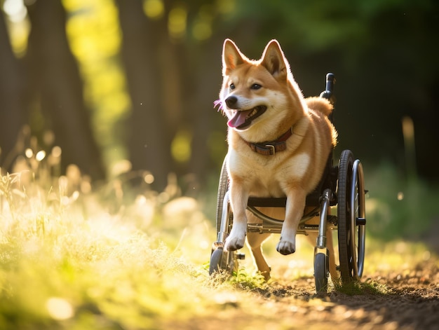 Perro en silla de ruedas en el bosque