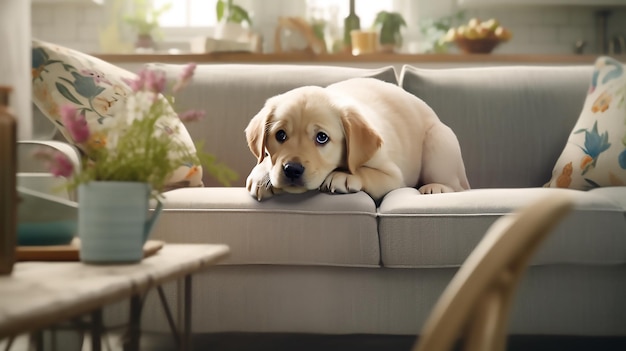 Un perro en un sofá con una planta a un lado.