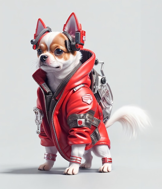 Un perro soldado futurista con una chaqueta cyberpunk