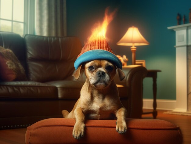 Un perro con un sombrero azul.