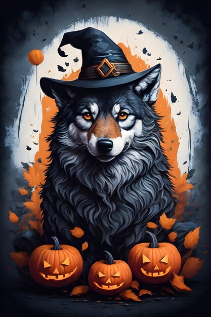 Foto perro con sombrero de bruja diseño de camiseta de halloween de calabaza naranja